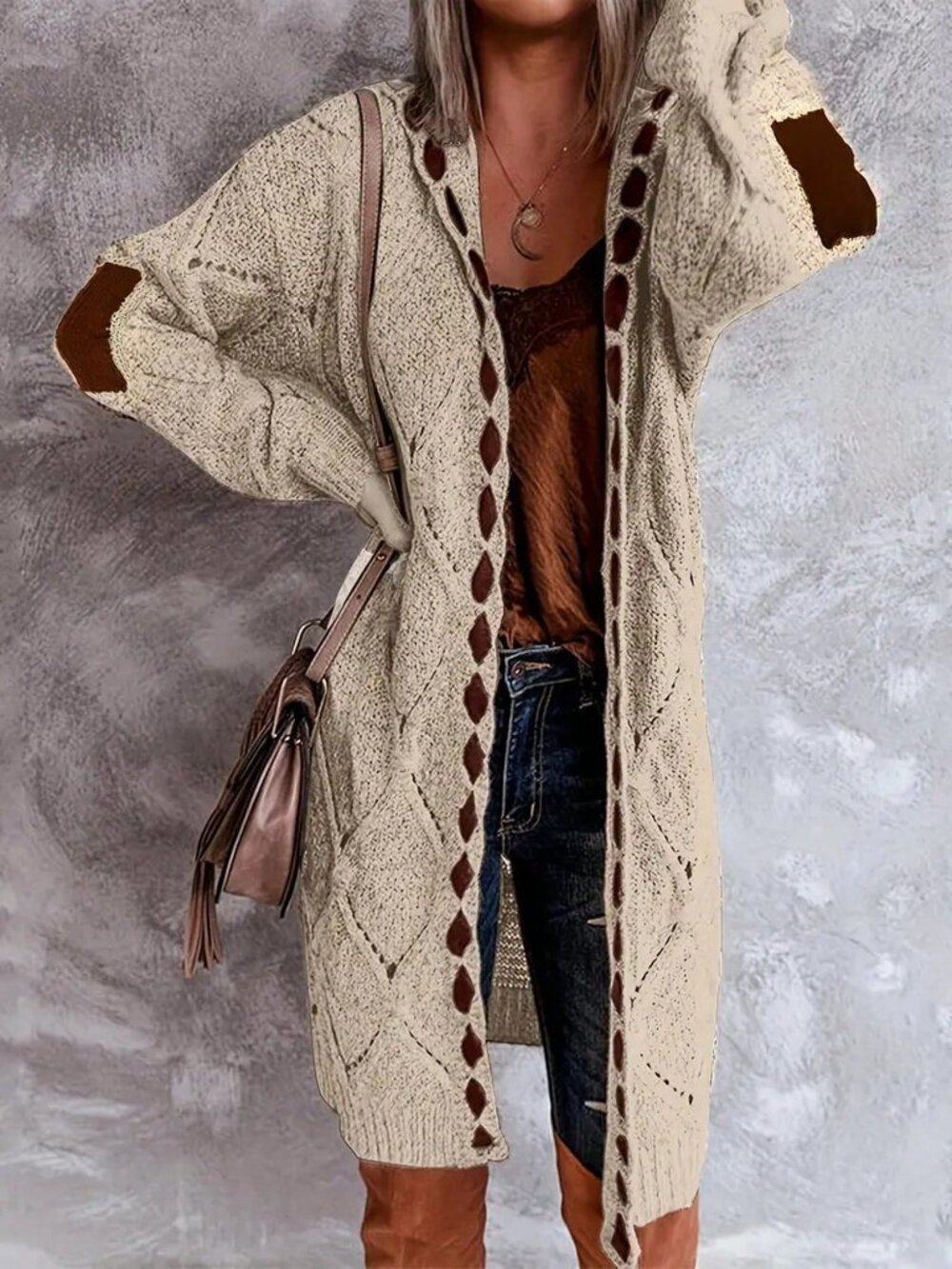 Khaki Boho Women's Open Front Cardigan with Cable Knit Elbow Patches - Picture 3 of 3